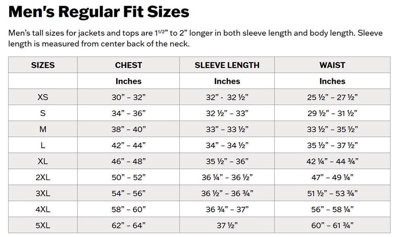 May include: A size chart for men's regular fit jackets and tops. The chart includes chest, sleeve length, and waist measurements in inches for sizes XS to 5XL. The text at the top reads "Men's Regular Fit Sizes."