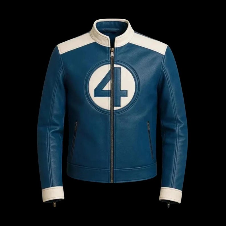 May include: Blue leather jacket with white accents on the shoulders and collar. Features a large white circle with the number 4 in the center. Includes a full-length zipper and two side pockets.