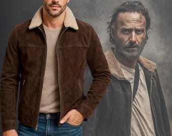 Rick Grimes-jas | The Walking Dead-cosplay | Suède leren sheriff jas bontkraag | Halloweenkostuum | Bruin cowboyjack voor heren