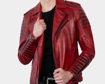 Mens Shining Red Biker Premium Leather Jacket - Amazing outfit