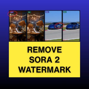 Pode incluir: Um gráfico com o texto "REMOVE SORA 2 WATERMARK" em negrito, letras pretas sobre um fundo amarelo. Acima, comparações de imagens, uma com marca d'água e outra sem, com capivaras e um carro esportivo azul.