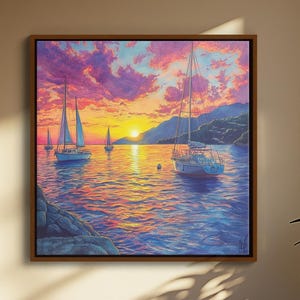 Segelboote auf dem Sonnenuntergang See Zeichnung – Nautisches Segeln Bereit zum Aufhängen Leinwand, friedlicher Buntstift mit reflektierendem Wasser und warmen Abendtönen