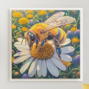 Honigbiene auf Gänseblümchen Buntstift Kunst, Lebensechte botanische Zeichnung mit Filigranen Flügeln, Gelbe Blütenblätter Feine Textur, Spaß Leinwand Kunst für Zuhause