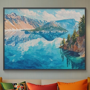 Dipinto ad acquerello su tela del Crater Lake - Arte serena della natura dell'Oregon con acque blu intenso, Wizard Island e aquila in volo, decorazione murale pacifica