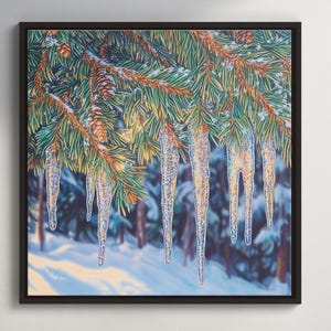 Eiszapfen auf Kiefernzweigen Zeichnung - Farbstift Kunstwerk zum Thema Winter in kühlen Tönen, Naturdruck mit Rahmen für die saisonale Dekoration