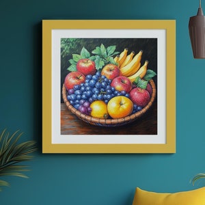 Obstschale Freude, Lebendige Buntstift Illustration, Rote Äpfel Leinwand, Gelbe Bananen, Realistische Küche Giclee Wandkunst