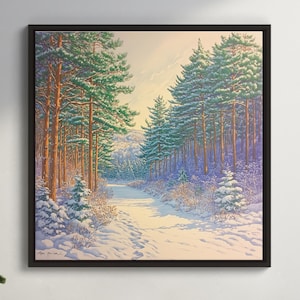 Verschneite Kiefernwald-Illustration, Quadrat, fertig zum Aufhängen, Winterlandschaft in Buntstift-Weihnachtskunstwerk
