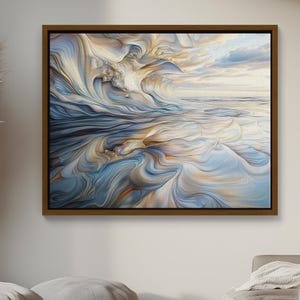 Könnte beinhalten: Abstraktes Gemälde mit wirbelnden blauen, braunen und weißen Farben. Das Gemälde ist in einem braunen Holzrahmen gerahmt.