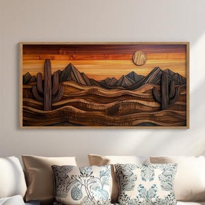 Goldene Sanddünen überlagerte hölzerne Segeltuchkunst, Sonnenuntergang über Rollen-Wüsten-Hügeln, warme erdige gebeizte hölzerne Wüsten-Wand-Kunst, handgemachte 3D-Landschaft