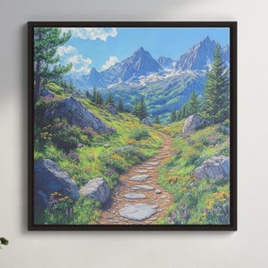 Belle oeuvre d'art colorée sur un sentier de randonnée, décoration murale détaillée et éclatante, oeuvre d'art carrée prête à accrocher pour chambre à coucher