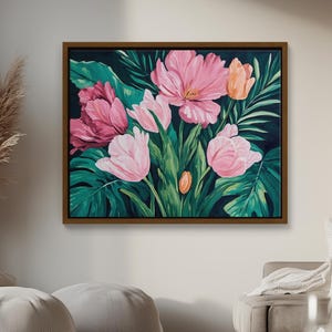Dipinto a olio con graziosi tulipani rosa – Romantica decorazione floreale da parete con ombre e dettagli suggestivi, stampa incorniciata per un arredamento sofisticato della camera da letto.