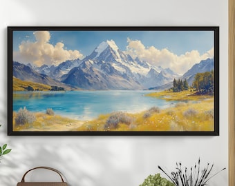 Aquarel Aoraki Mount Cook, Snowy Peak en Lake Pukaki Fine Art, canvas Turquoise Lakes, Nieuw-Zeelands landschap, Alpine Wall Decor