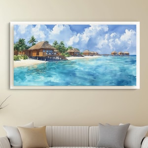 Acquerello tropicale delle Maldive, palme di bungalow sull'acqua, arte di un sereno paradiso costiero, stampa murale di un resort sulla spiaggia, tela incorniciata
