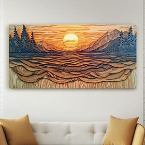Stampa su tela con scena di spiaggia in legno a strati, onde dell'oceano e tramonto su un pino dorato, intricata arte del paesaggio costiero, decorazione murale in legno fatta a mano