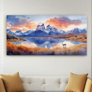 Patagonia Canvas Art Print, Sunrise Over Torres Del Paine, Dramatic Mountain Wall Decor, Glacial Lake Watercolor Landscape Fine Art Painting