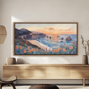 Impresión en lienzo de la costa de Big Sur, California, pintura en acuarela de acantilados del océano Pacífico, decoración de pared con giclée de viajes por la naturaleza