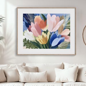 Matisse-inspirierter abstrakter Tulpenstrauß - Bunte Frühlingsblume in erdigen Tönen, gerahmtes künstlerisches Dekor für eklektische Interieurs