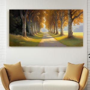 Quiet Countryside Road Canvas Painting, Early Autumn Colorful Trees, Sunlight Through Maple Trees, Grassy Rustic Giclee Fine Art Print