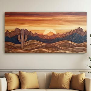 Wüsten-Sonnenuntergang geschichtete hölzerne Segeltuch-Kunst, Rollende Sanddünen und Kaktus-Silhouetten, warme Südwesten-Wand-Kunst, rustikale handgemachte Landschaftsdruck
