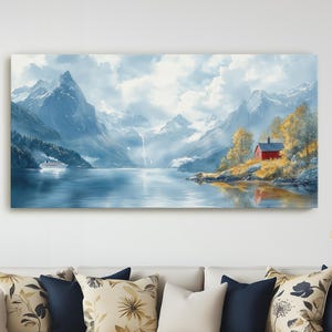 Geirangerfjord Norway Watercolor Scene, Majestic Fjord Landscape Art, Seven Sisters Waterfalls Canvas, Nordic Art Print, Scandanavian Decor