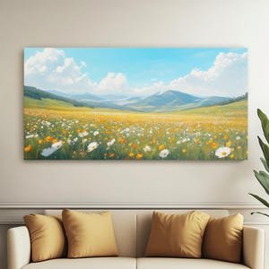 Bright Summer Wildflower Meadow Wall Decor, Rolling Green Hills Clear Blue Sky, Vibrant Floral Landscape Canvas Art, Nature-Inspired Print