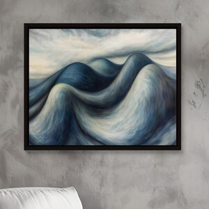 May include: Abstract painting of blue and white rolling hills against a light blue sky.