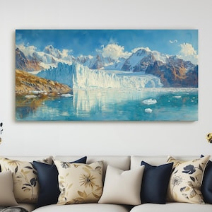 Patagonia Glacier Canvas Wall Art, Icy Perito Moreno Giclee Watercolor Painting, Snow-Capped Mountains Landscape Decor For Home Living Room