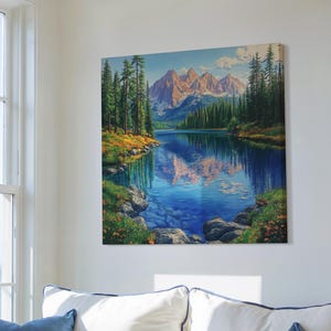 Dibujo artístico en lienzo de un lago de montaña cristalino, un apacible paisaje enmarcado a lápiz de color con reflejos de pinos y paisaje de picos nevados.