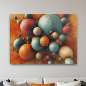 May include: Abstract painting featuring a cluster of colorful spheres in shades of blue, green, orange, pink, and white against a warm orange background.