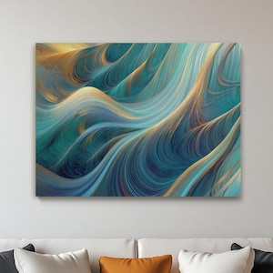 May include: Abstract art print featuring swirling blue and gold lines. The print has a modern and contemporary style.