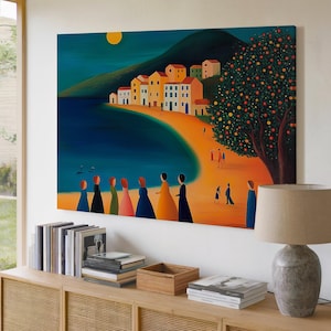 May include: A painting of a coastal town with colorful buildings and a bright orange tree. The painting features a group of people walking along a sandy beach with a blue ocean in the background.