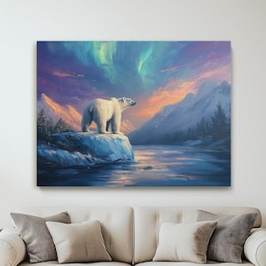 Polar Bear Northern Lights Canvas Painting, Colorful Arctic Sunset Oil Painting, Aurora Borealis Stunning Landscape Fine Art Giclee Print