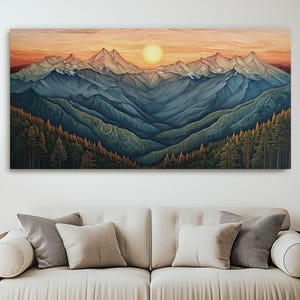 Alba dorata su montagne di legno stratificato, picchi e foreste vibranti, stampa su tela 3D di paesaggi naturali fatti a mano, arte con venature del legno colorate