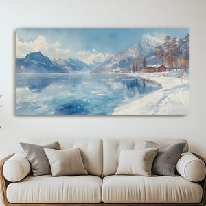 Baikalsee Gefrorene Schönheit Aquarell Druck, Eisblaue Wasser Leinwand, Schneebedeckte russische Landschaft, Gefrorene Berge Kunst, Gelassener Winter Wanddekor