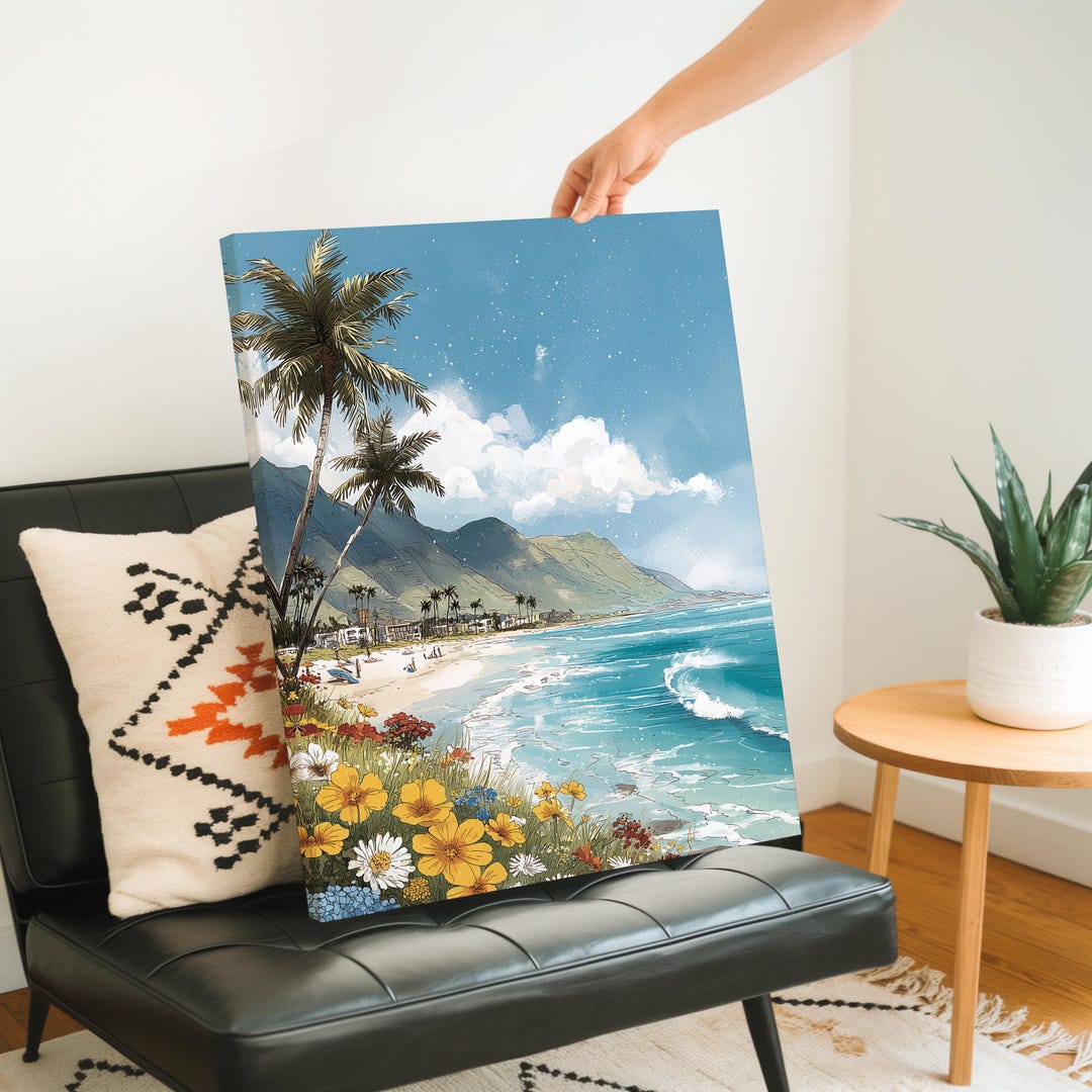 Hawaiian Seascape Canvas Fine Art With Palm Trees and Wildflowers ...