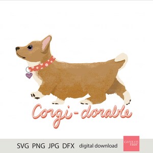 May include: A digital illustration of a brown and white corgi dog with a pink polka dot collar and a heart-shaped tag. The dog is walking and the text "Corgi-dorable" is written in pink below the dog.