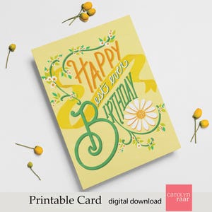 Cartão de aniversário retrô para impressão | 'Feliz aniversário, o melhor de todos os tempos' escrito à mão | Design de margarida amarelo e verde brilhante | Download instantâneo