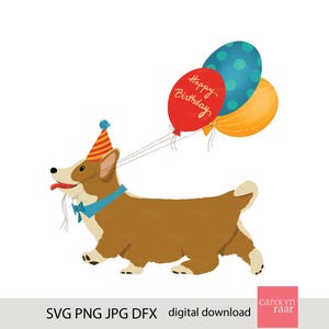 Corgi carino con palloncini di buon compleanno SVG/ Cane con cappello da festa e papillon / PNG Clipart/ Download digitale a sublimazione/ Design della carta