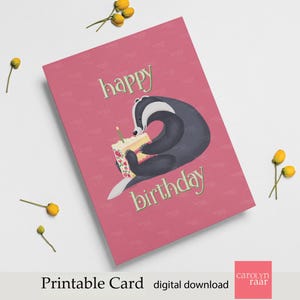 Badger Birthday Card | Digital Birthday Card Instant Download | Printable Animal Birthday Card | Badger Holding Cake | Cute Birthday Card