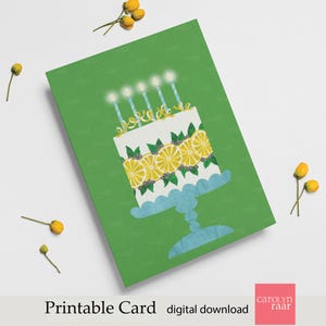 Geburtstagskarte zum Ausdrucken | Minimalistisches Zitronenscheiben Kuchen Design | Moderne Kunst mit glühenden Kerzen | Sofort Download