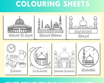 May include: A collection of black and white coloring sheets featuring Islamic themes. The sheets include illustrations of mosques, a crescent moon, and food items. Text includes "Ramadan & Eid Colouring Sheets", "Masjid Al Aqsa", "Masjid Nabawi", "Suhoor", and "Eid Mubarak!"