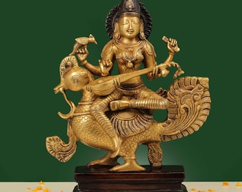 20 Inch Brass Goddess Saraswati Statue on Peacock – Saraswati Idol