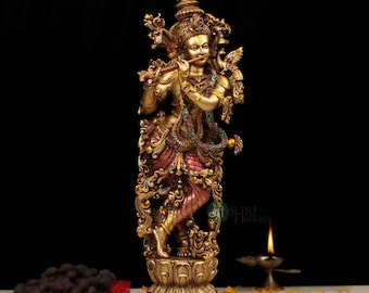 15-Inch Standing Krishna Resin Statue in Copper Finish