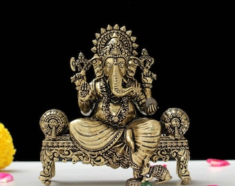 4 Inch Brass Ganesh on Sofa Idol (290 g)