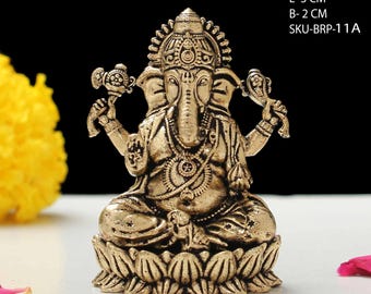 Miniature Brass Sitting Ganesh Statue - 2 Inches, Remover of Obstacles (40g)