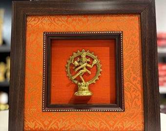 Brass Nataraj Idol in Raw Silk Wooden Frame