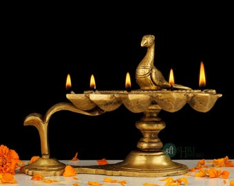 Brass Deepak Oil Lamp: 5-Wick Traditional Puja Decor