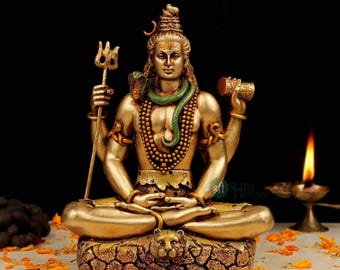 Handcrafted Meditating Lord Shiva Resin Idol: Spiritual Golden Decor