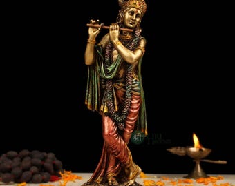 Lord Krishna Resin Idol: Hand-Painted Golden Finish, Divine Decor (10-Inch)