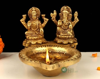 4 Inch Brass Ganesh Laxmi Deepak